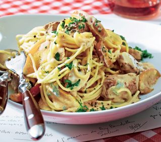 Spaghettis au roquefort et agneau